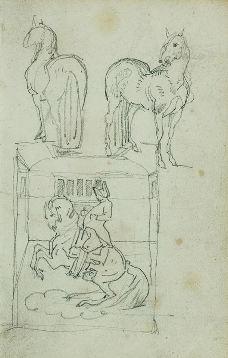 Two Standing Horses, Man Riding a Rearing Horse