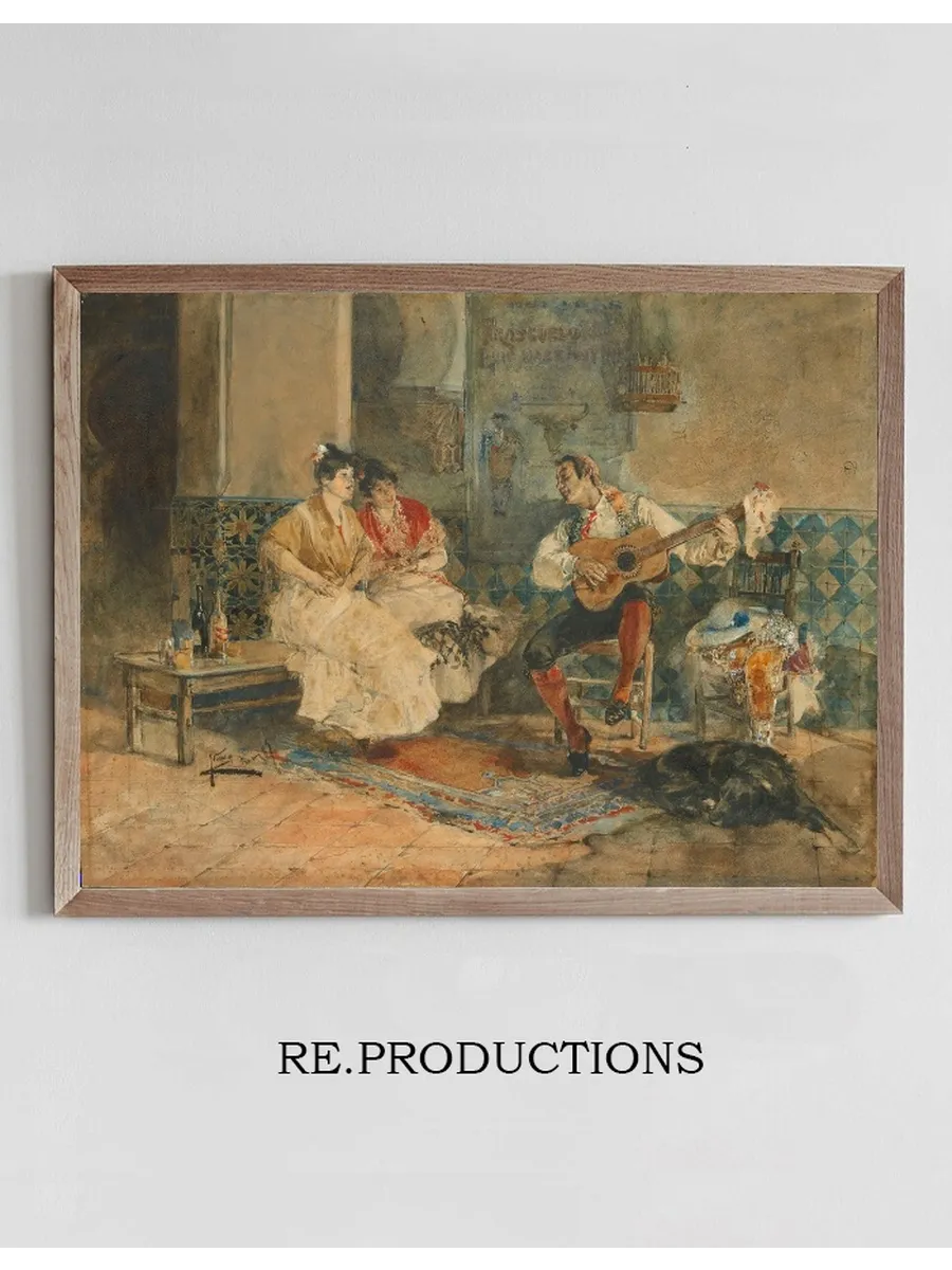 Two Women in an Interior Listening to a Guitarist