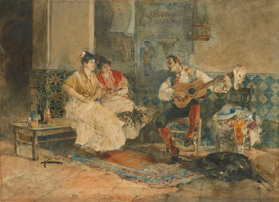 Two Women in an Interior Listening to a Guitarist