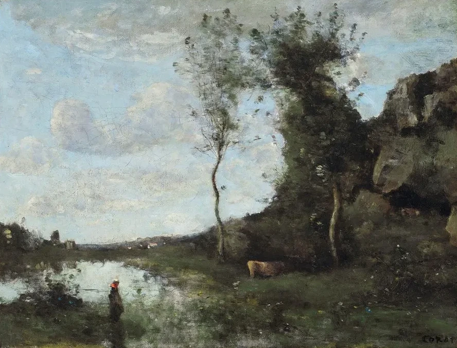Une Paysanne Et Sa Vache La Mare En Vue D un Village