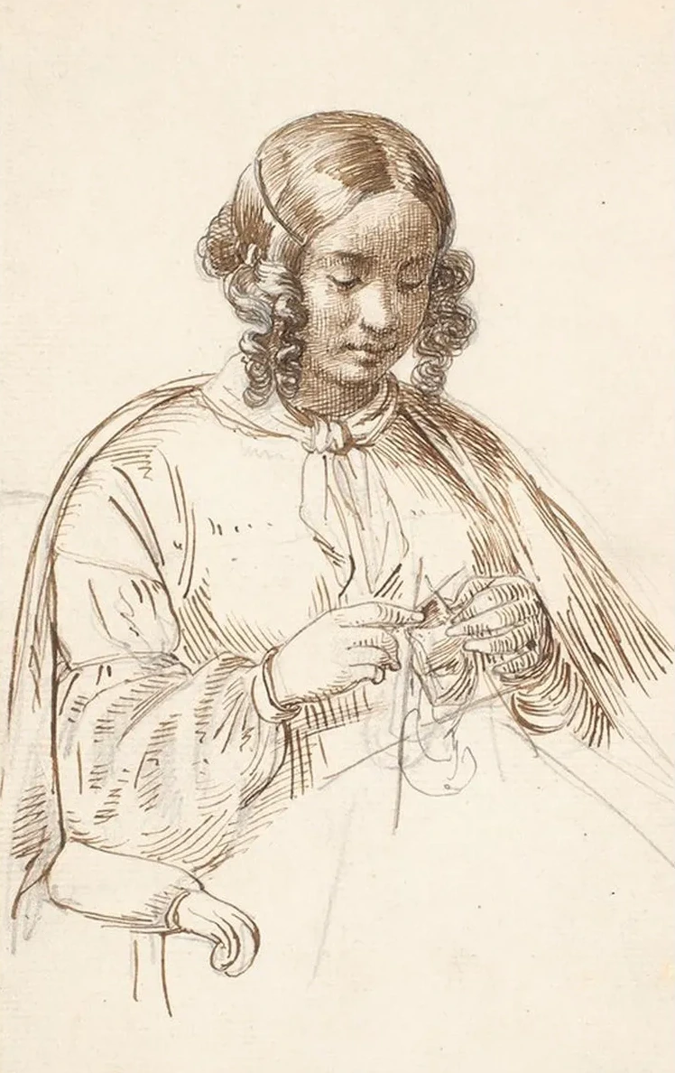 Ung Strikkende Dame, Halv Figur