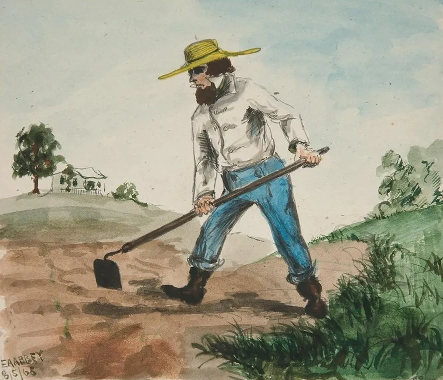 Unidentified Illustration of a Man Hoeing a Garden Three Figure Studies