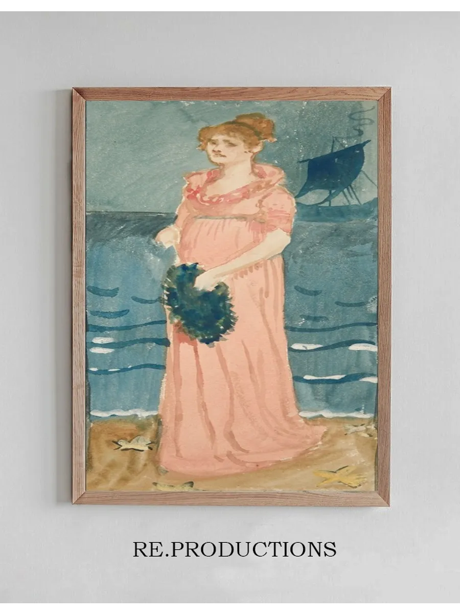 Unidentified Illustration of Woman on a Beach, Ship Indistance