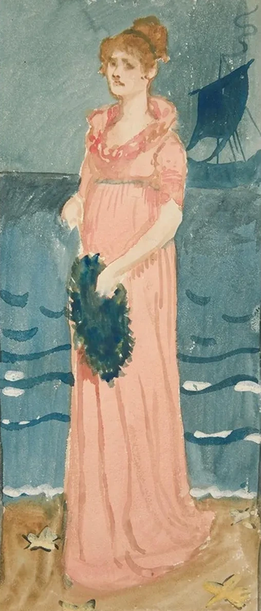 Unidentified Illustration of Woman on a Beach, Ship Indistance