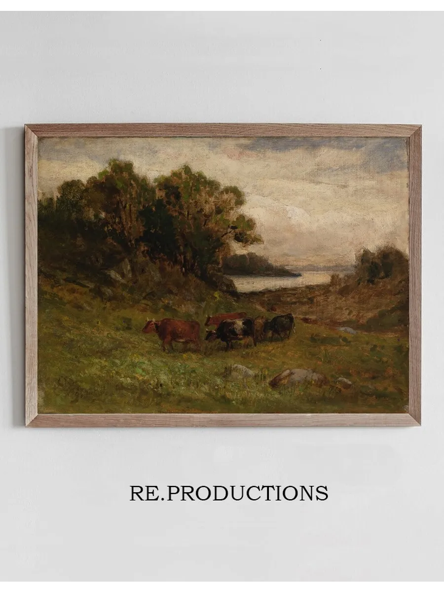 Untitled (five Cows Grazing with Trees and River in Background)