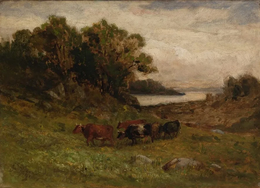 Untitled (five Cows Grazing with Trees and River in Background)
