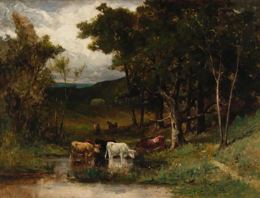 Untitled (landscape with Cows in Stream Near Trees)
