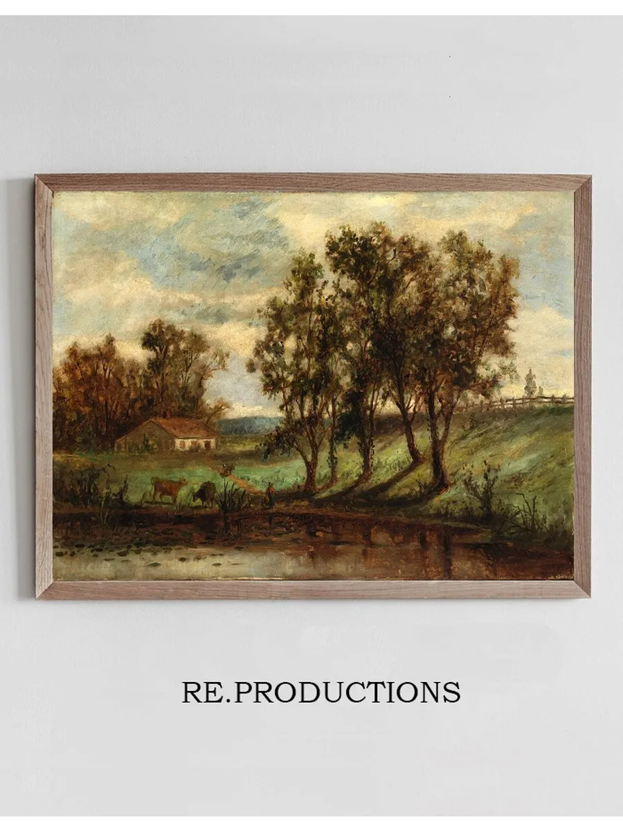 Untitled (man with Cows Grazing Near Pond with House and Trees in Background)