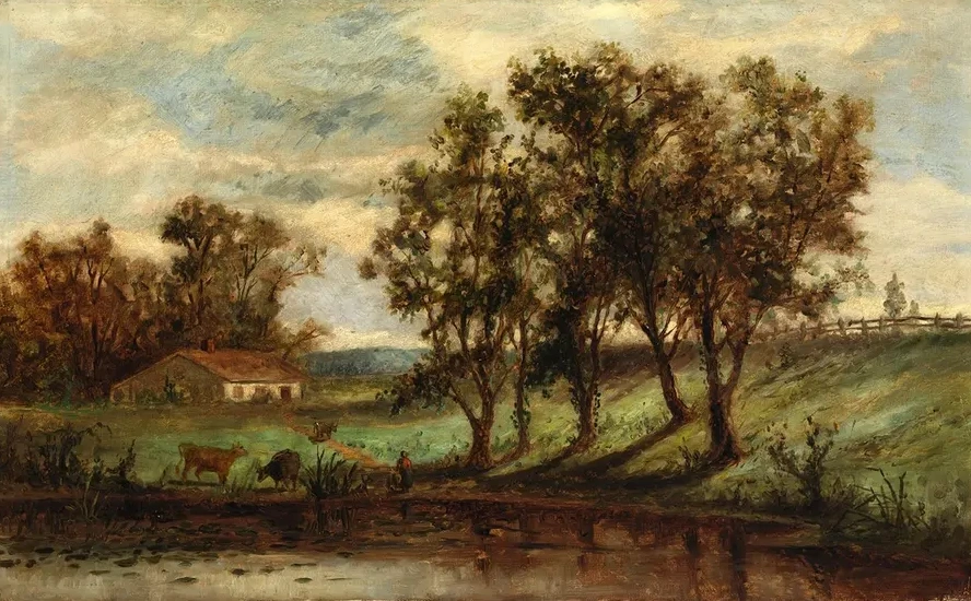 Untitled (man with Cows Grazing Near Pond with House and Trees in Background)