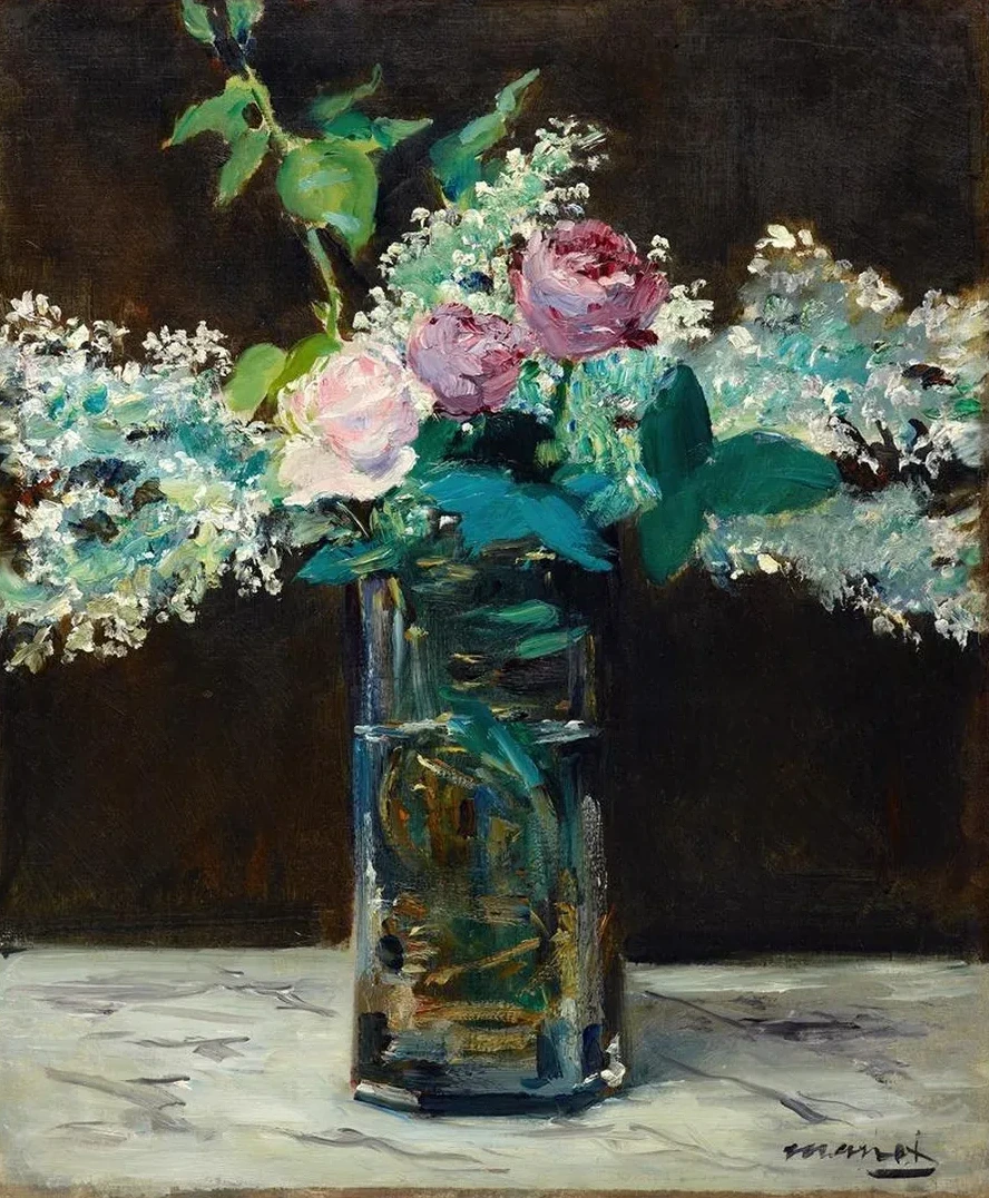 Vase of White Lilacs and Roses