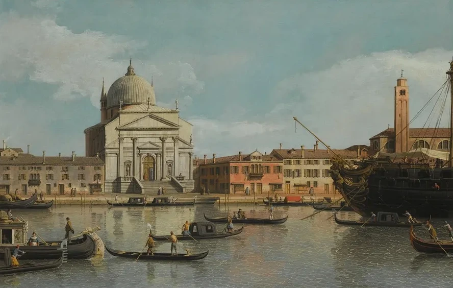 Venice, A View Of The Churches Of The Redentore And San Giacomo, With A Moored Man - Of - War, Gondolas And Barges