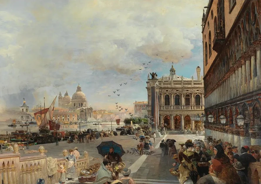 Venice, A View Of The Piazzetta, With The Biblioteca Marciana, Santa Maria Della Salute And The Dogana