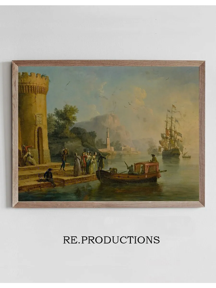 View of a Mediterranean Port with a Group of Figures on the Shore's Edge, a Large Ship Beyond