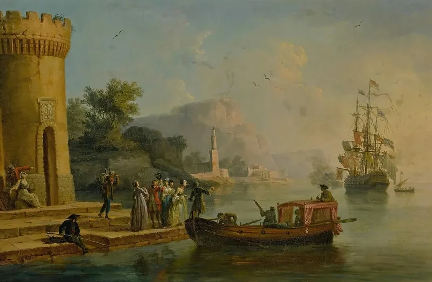 View of a Mediterranean Port with a Group of Figures on the Shore's Edge, a Large Ship Beyond