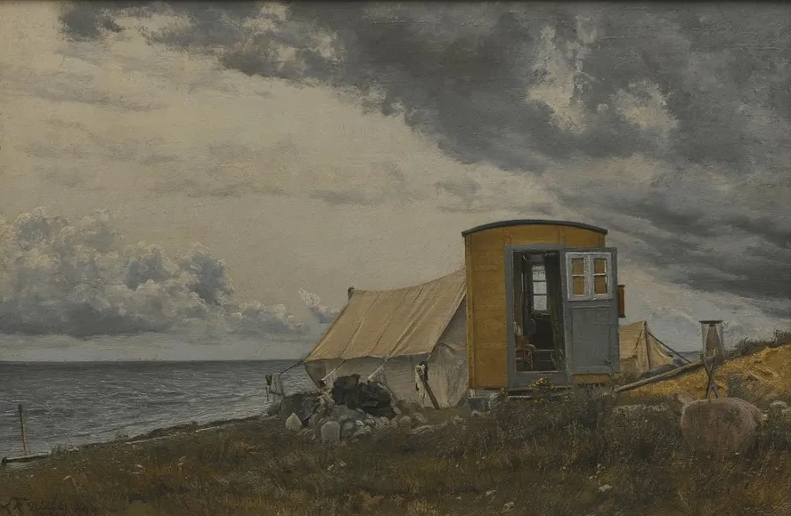 View of a Shore with the Artist's Wagon and Tent at En