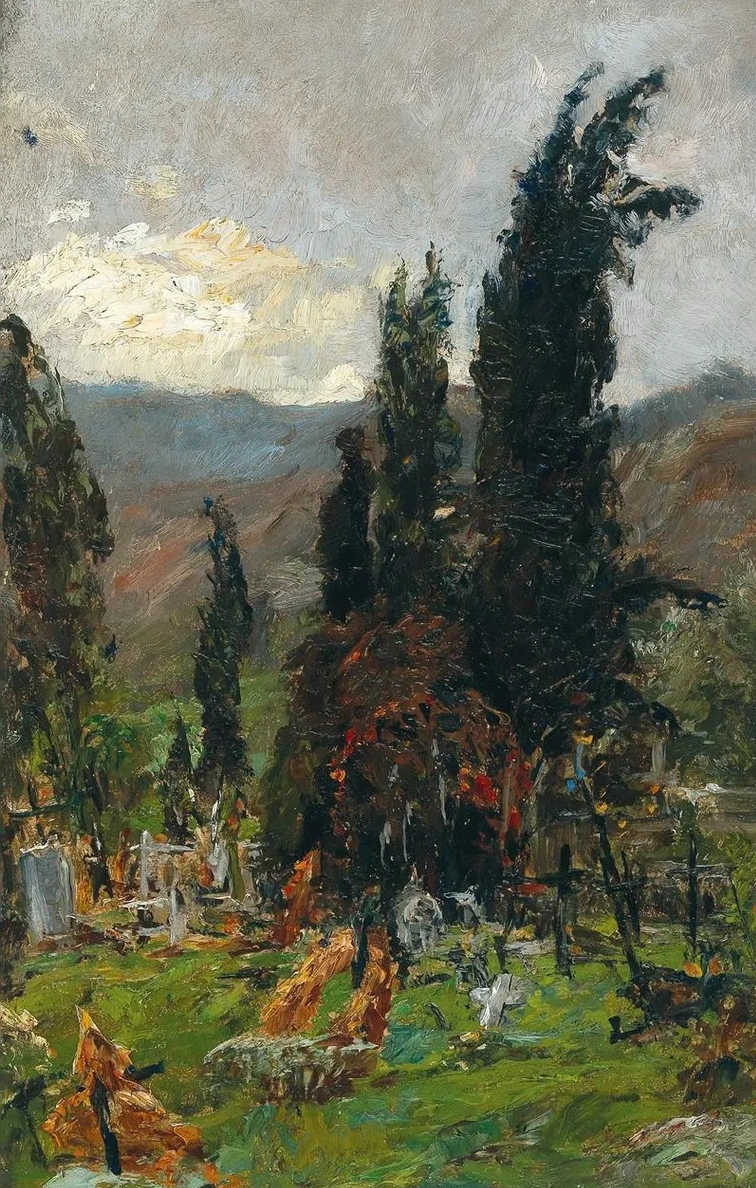 View of a Cemetery at Dusk