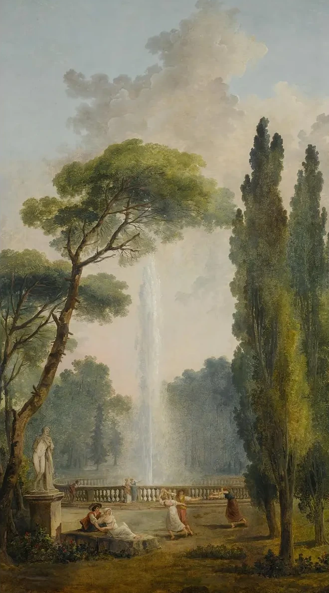 View of a Garden with a Large Fountain at Center and Figures Relaxing and Dancing in the Foreground