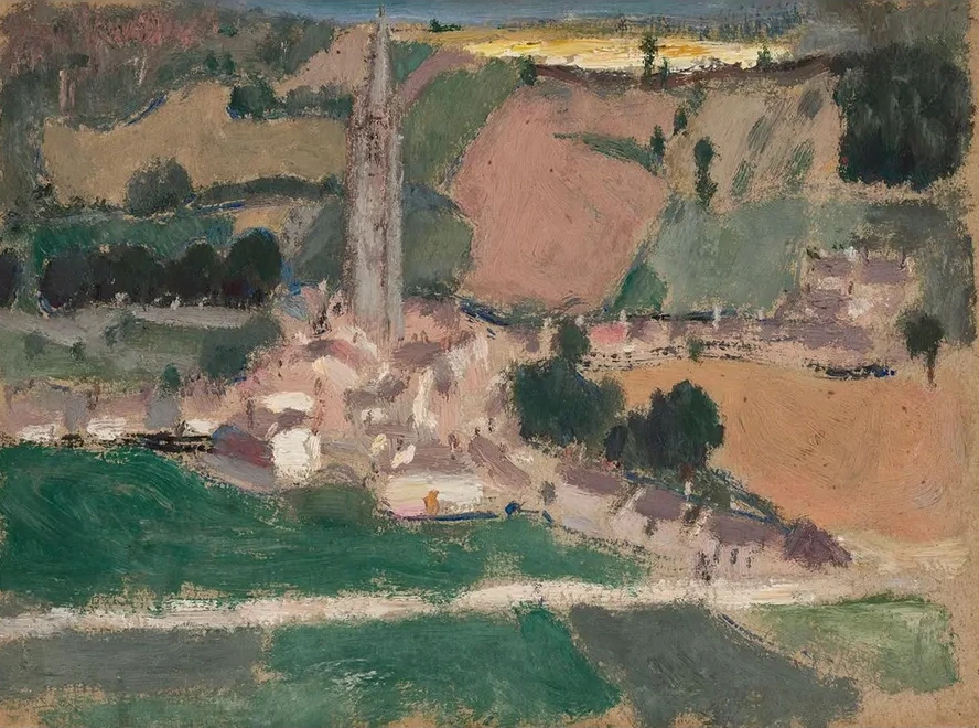 View of a Small Town with a Church Tower