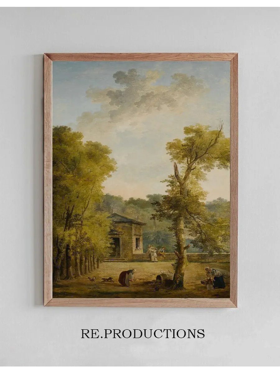 View of a Walled Garden Courtyard, with a Woman Feeding Chickens and Other Figures in the Foreground