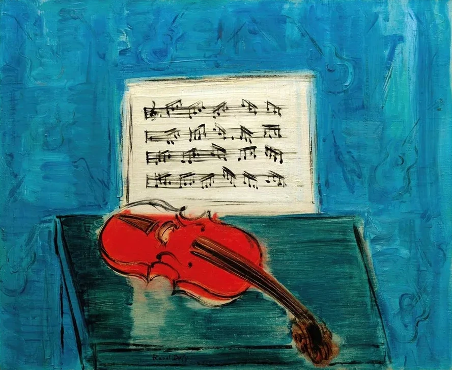 Violon Rouge Sur Fond Bleu