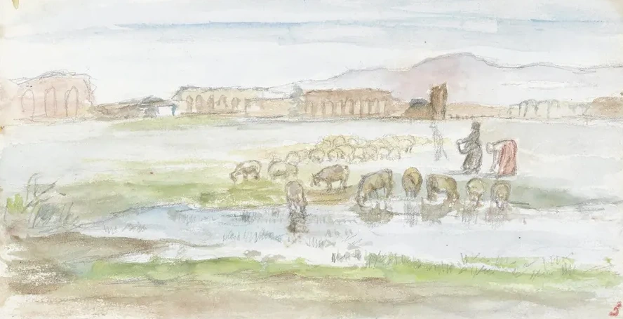 Vlakte Met Schapen, Op de Achtergrond Ru Nes van Een Aquaduct