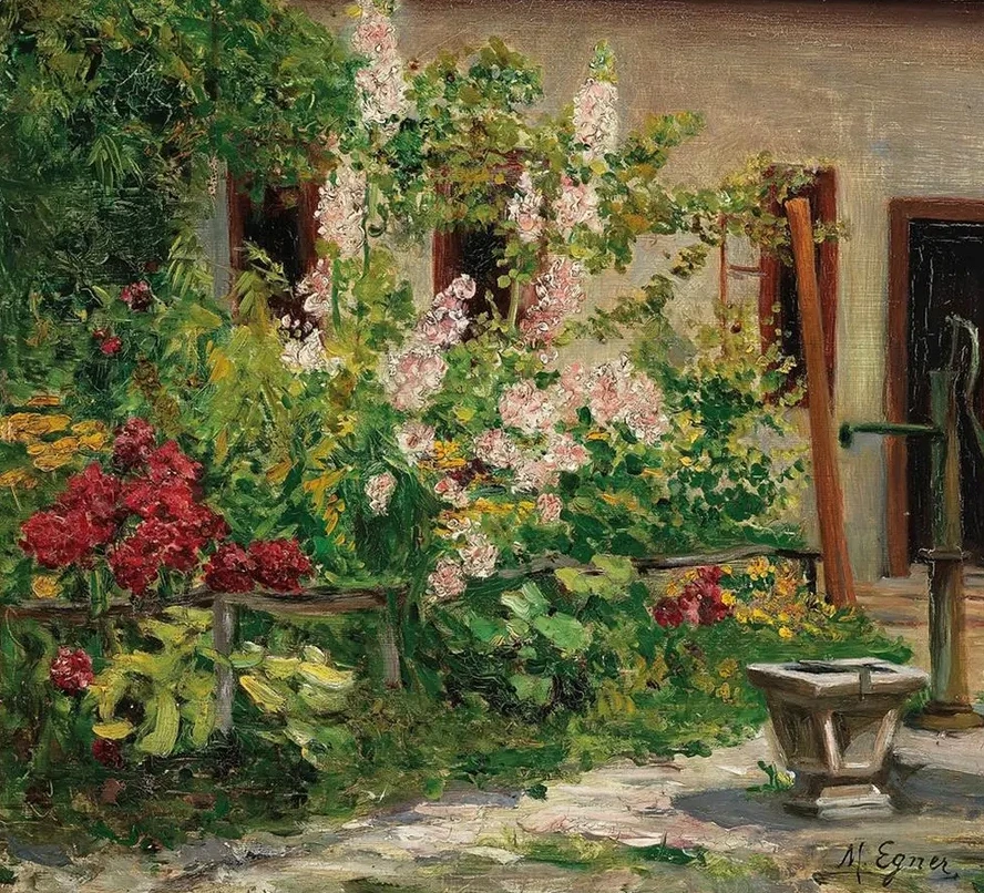 Vorgarten Mit Bl Henden Stockrosen