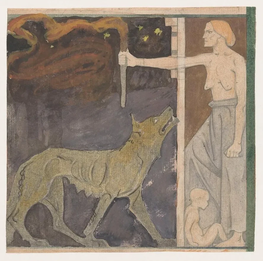 Vrouw Met Een Fakkel, Een Kind En Een Wolf