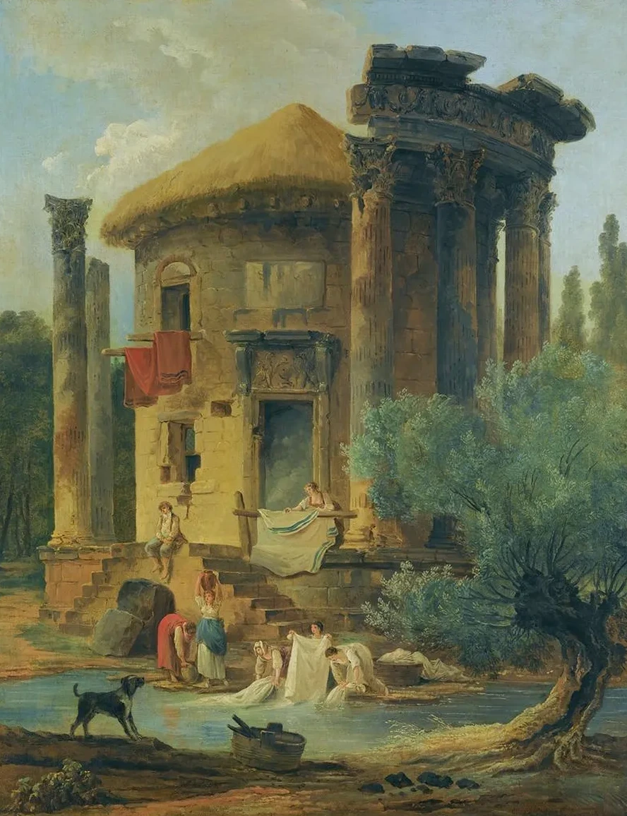 Washerwomen At The Edge Of A River, Beneath A Ruined Circular Temple