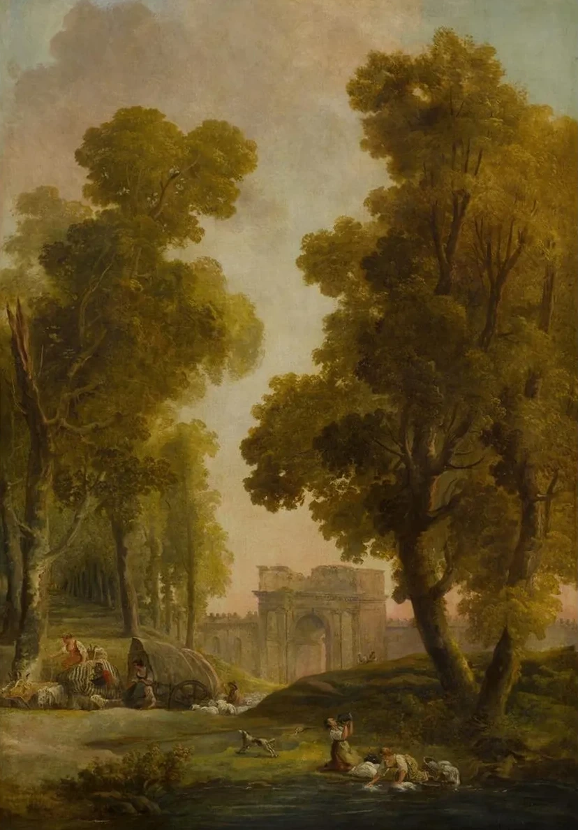 Washerwomen in a Landscape, with a Group of Shepherds Before an All Eof Trees