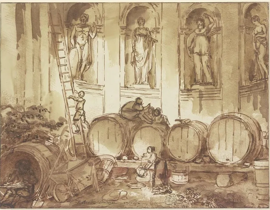Weinlager in Einer Nischenhalle Mit Vier Statuen Antiker Gottheiten
