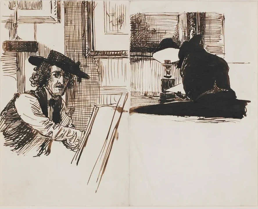 Whistler Drawing Poynter Back View of a Man Seated at a Table Near a Lighted Lamp