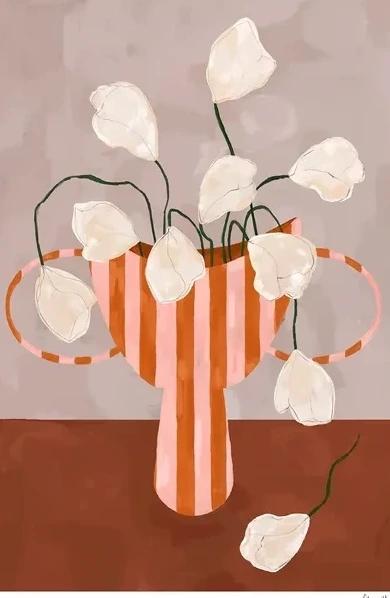 White Flowers in Striped Vase