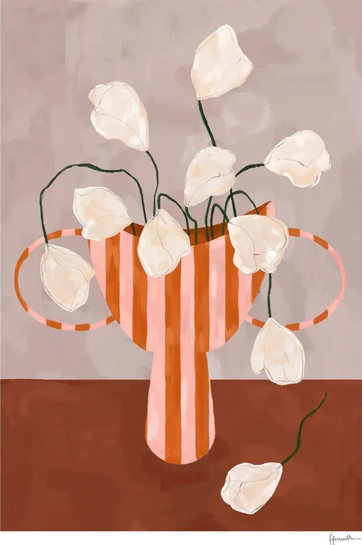 White Flowers in Striped Vase