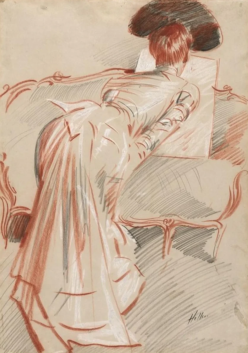 Woman (Possibly Madame Alice Hellu) Looking at a Drawing