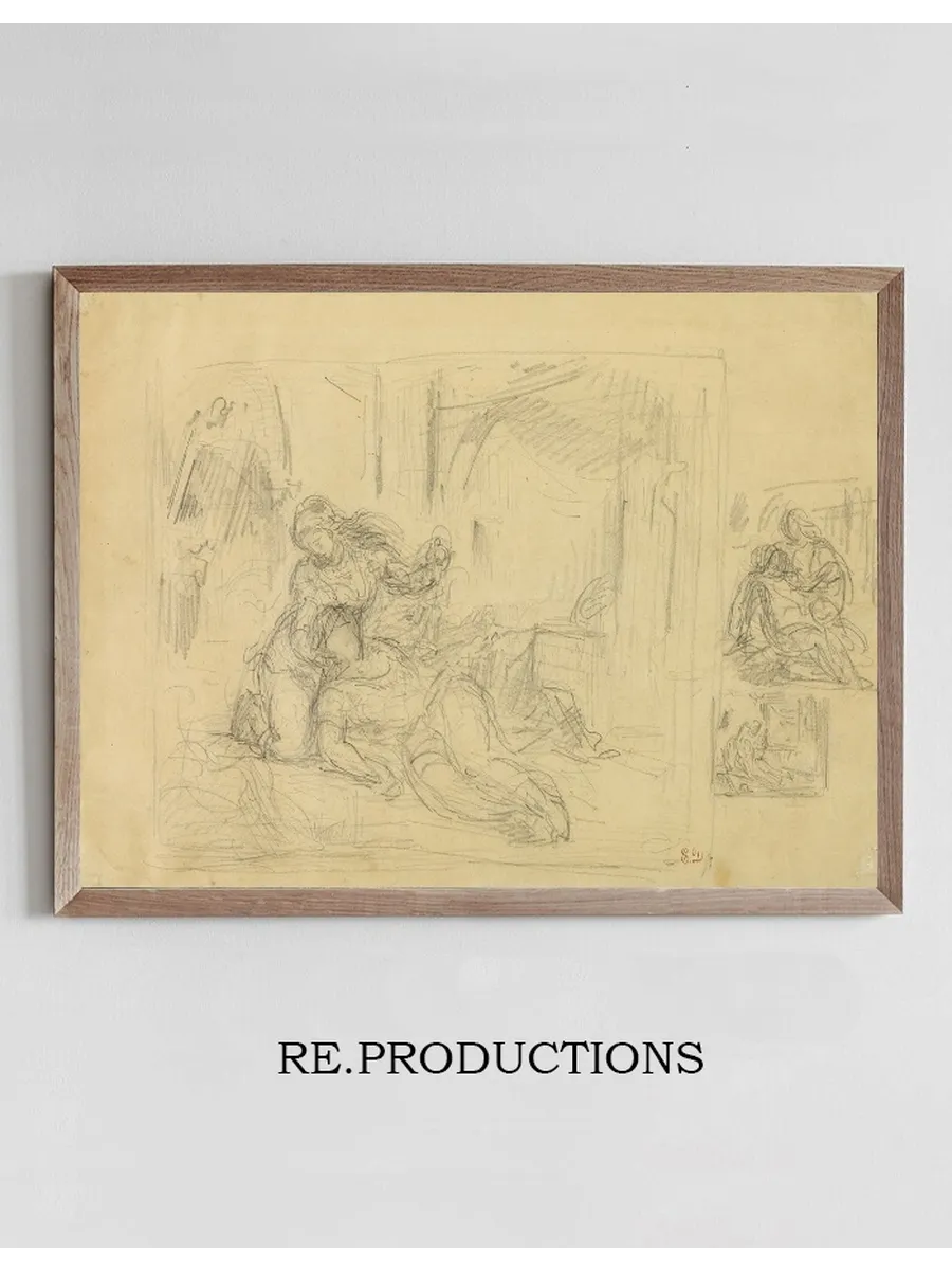 Woman Dying, Man in Bedroom, Two Sketches of Same