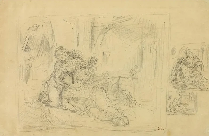 Woman Dying, Man in Bedroom, Two Sketches of Same