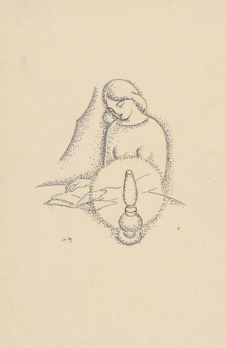 Woman Reading a Book by a Kerosene Lamp