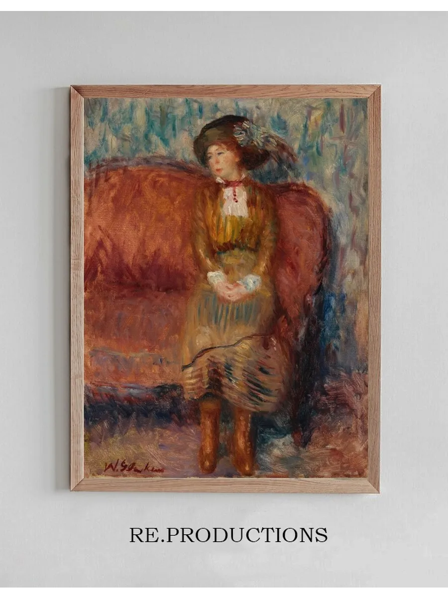 Woman Seated on Red Sofa