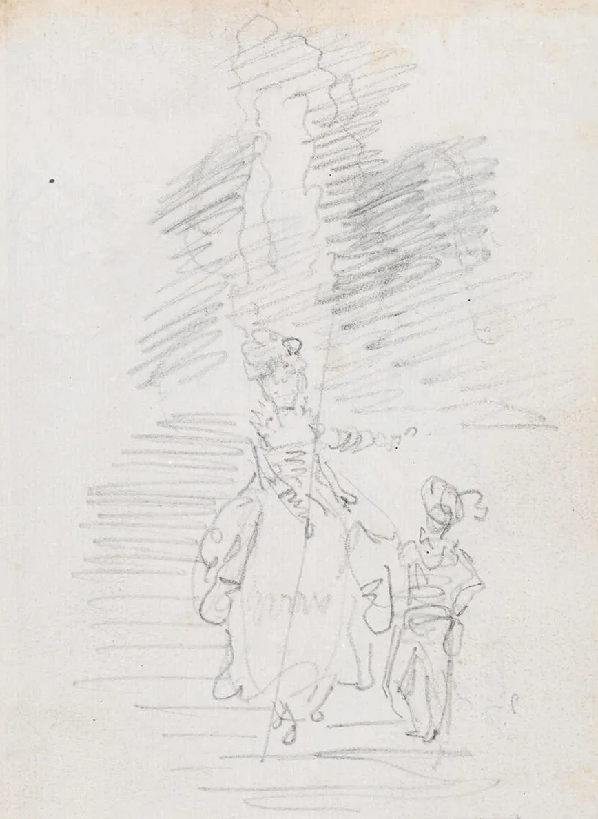 Woman and Smaller Male Figure on Grand Stairway
