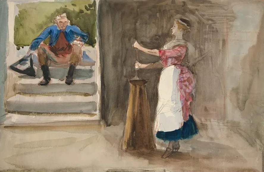 Woman Churning Butter, Man in Revolutionary Dress Watching
