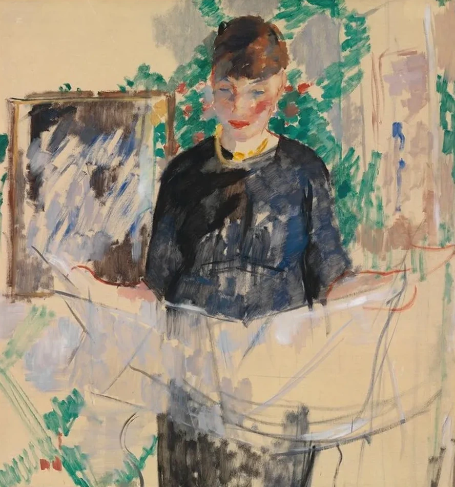 Woman in Black Reading a Newspaper