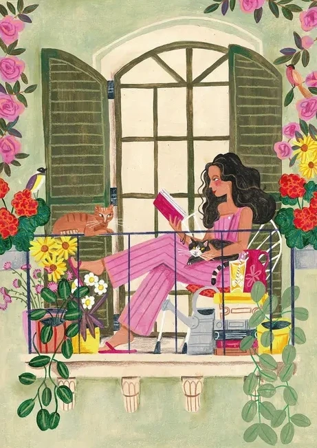 Woman Reads on Balcony with Cats