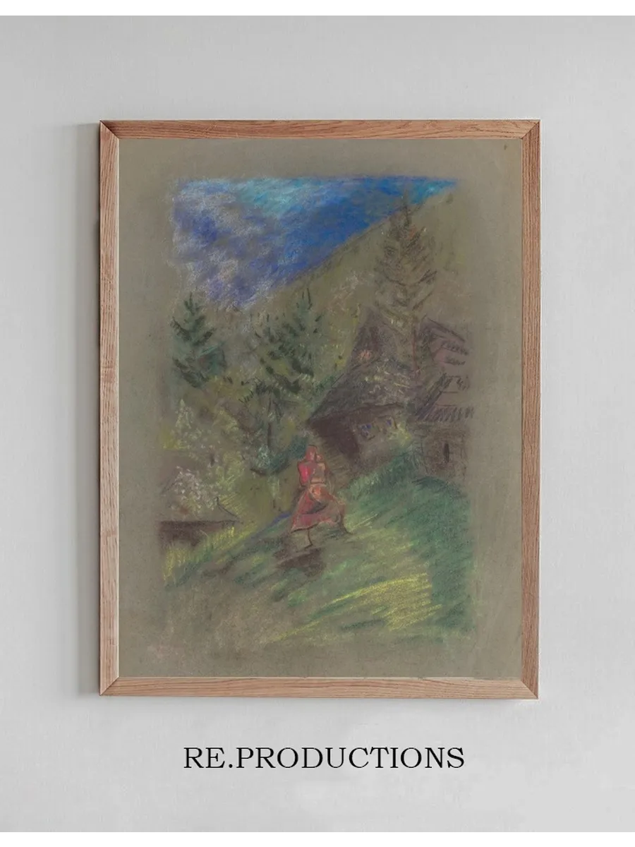 Woman with a Child in Front of Cottages