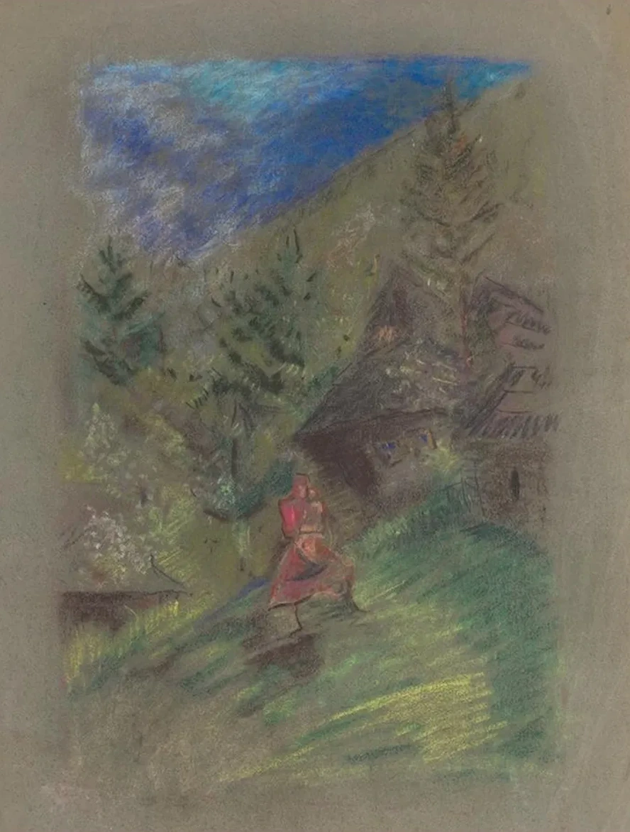 Woman with a Child in Front of Cottages
