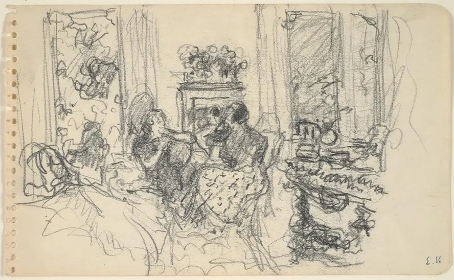 Women Conversing in a Salon with Open Windows and Afireplace