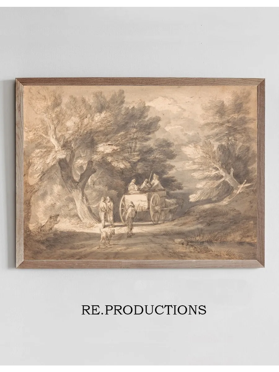 Wooded Landscape with Country Cart and Figures Walking Down a Lane