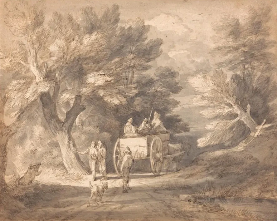 Wooded Landscape with Country Cart and Figures Walking Down a Lane