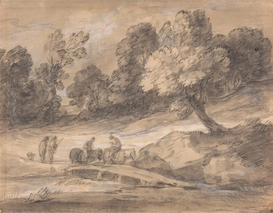 Wooded Landscape with Figures on Horseback Crossing a Bridge