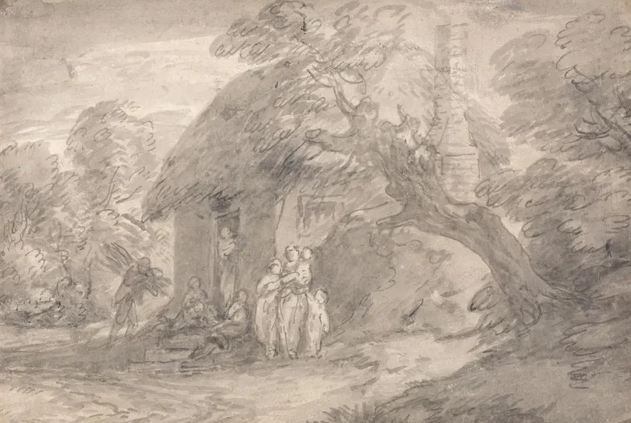 Wooded Landscape with Figures Outside a Cottage Door