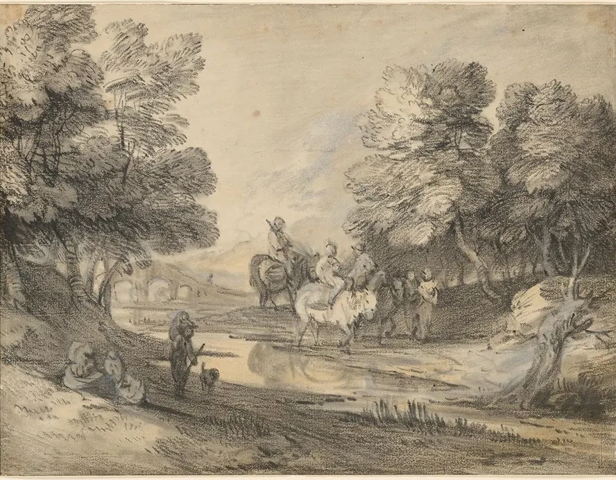 Wooded Landscape with Horseman, Figures, and Bridge